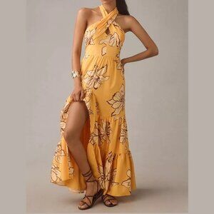 Anthropologie Hutch Floral Halter Maxi Dress Maize Yellow Orange Floral 6